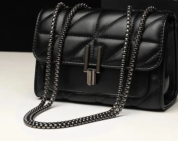 Classic Quilted Square Bag with Solid Color Flap Shoulder and Chain Detail