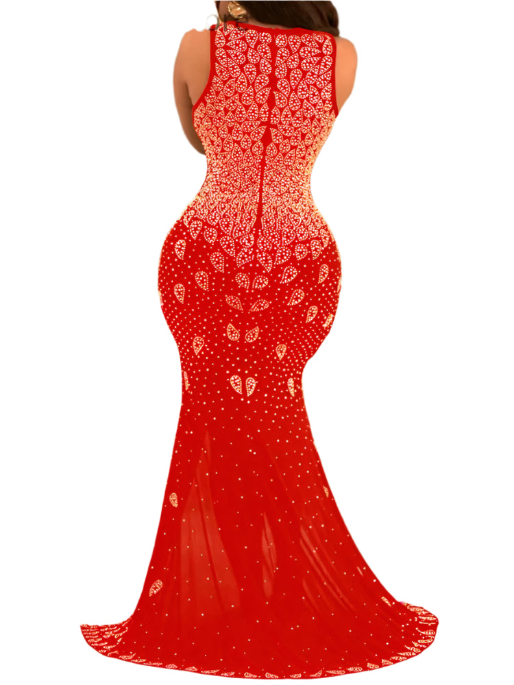 Women Sexy V-Neck Sheer Mesh Rhinestone Decor Mermaid Dress – Elegant Tight Fitting Party Gown