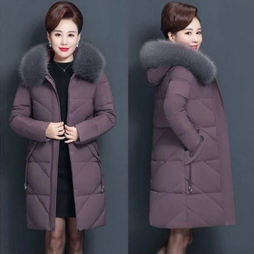 Women's Thickened Hooded Winter Jacket with Big Fur Collar - Warm Mid-Length Cotton Padded Coat, Zippered Casual Outerwear