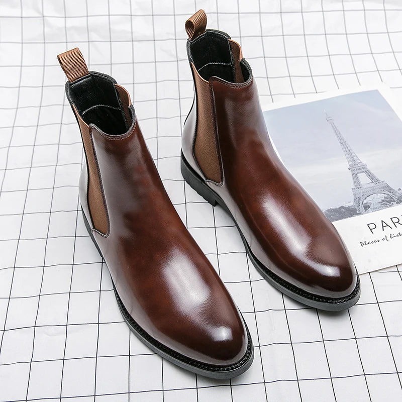 Men's British Style Chelsea Boots - Mid-Calf Dress Shoes, Formal Business Ankle Boots in Split Leather for Autumn