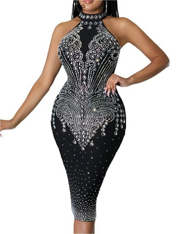 Women's Sexy Halter Sleeveless Rhinestone Bodycon Dress – Slim Fit Nightclub Party Outfit with Back Zipper