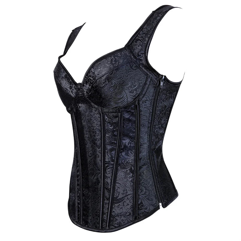 Women's Black Overbust Corset with Straps | Plus Size Floral Jacquard Gothic Steampunk Bustier with Zipper