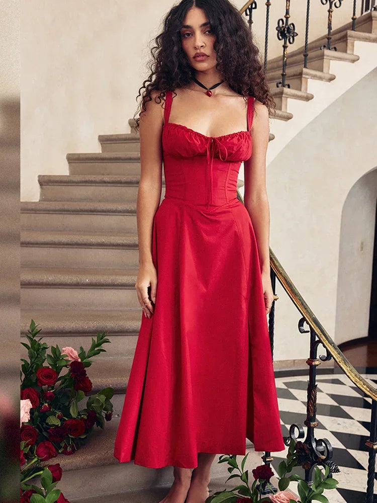 Elegant A-Line Midi Dress - Sexy Spaghetti Strap Lace-Up Red Holiday Party Dress for Women, Summer 2024