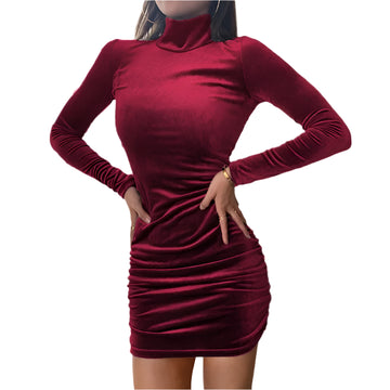 Women's Velvet Turtleneck Long Sleeve Mini Dress – Slim Fit Bodycon Autumn Party and Evening Wear