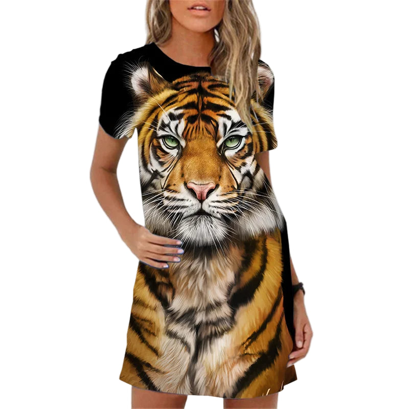 Women’s Tiger Print A-Line Mini Dress – Summer Casual Short Sleeve Style