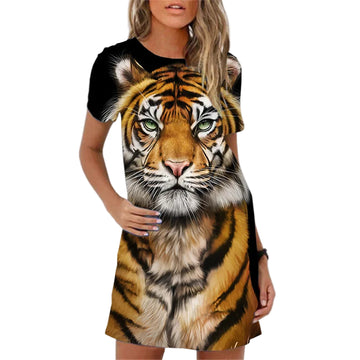 Women’s Tiger Print A-Line Mini Dress – Summer Casual Short Sleeve Style