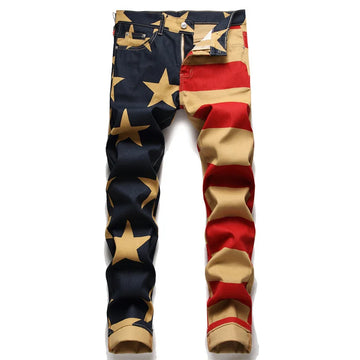 Men's High-Quality Five-Point Star Print Jeans – Slim Fit, Elastic Waist, Straight Leg Denim Trousers, Casual Classic Pants for Men