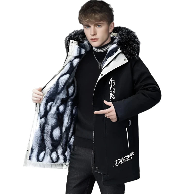 Men's Long Winter Parka - Classic Fur Collar, Warm Padded Jacket, Casual Thermal Coat