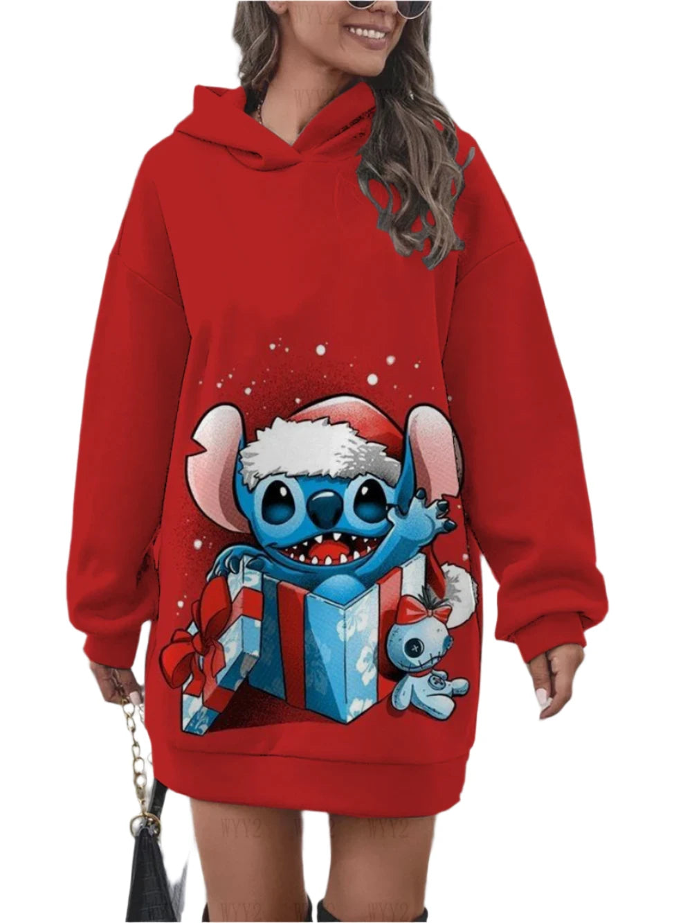 Women's Disney Christmas Stitch Printed Hoodie Pullover Sweatshirt Dress – Casual Fashion Holiday Clothing