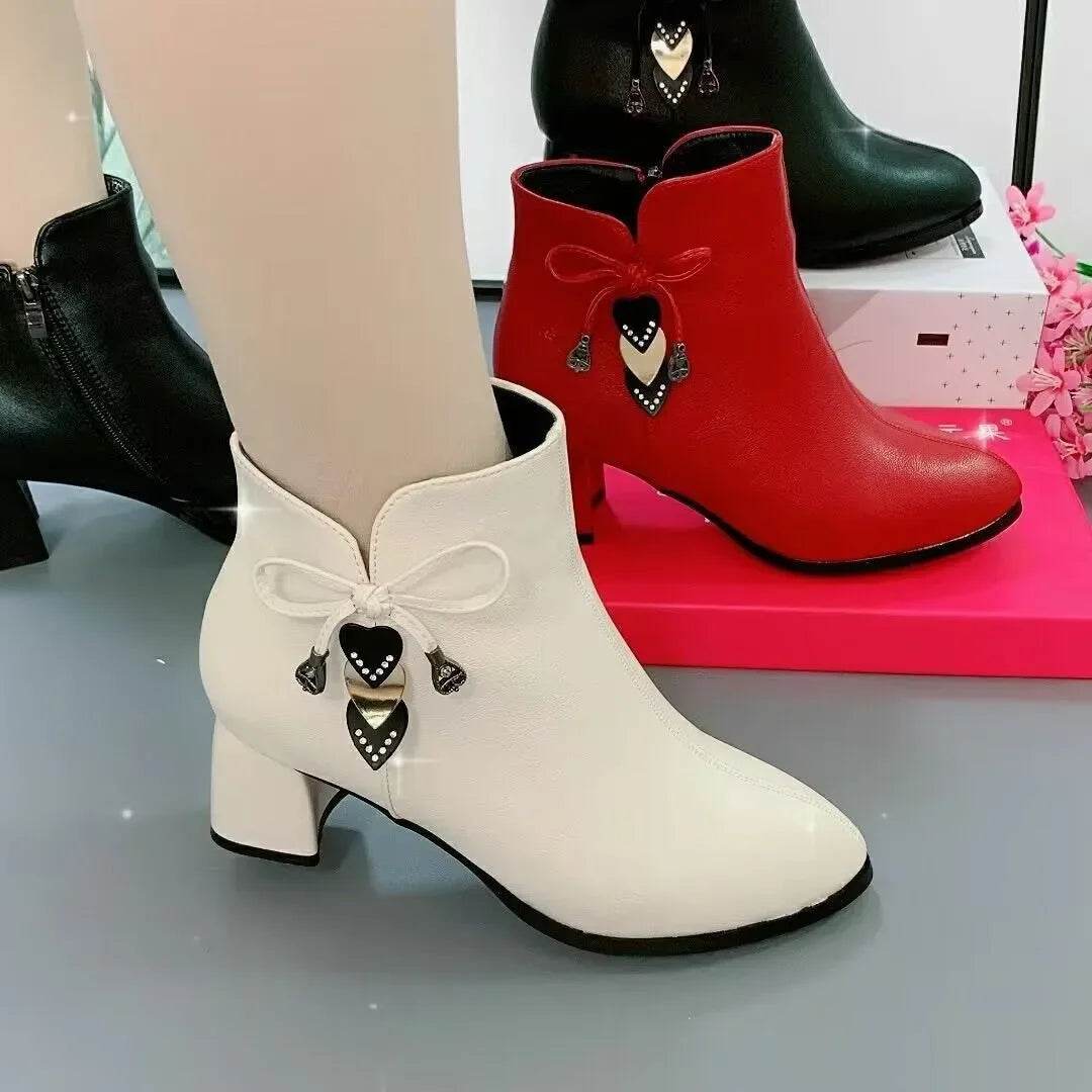 Women's High-Heeled Ankle Boots – White Waterproof Zip Boots for Spring & Autumn