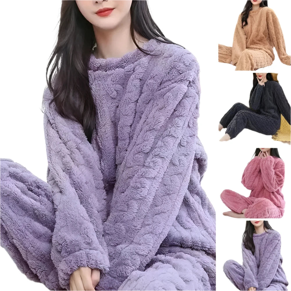 Women's Warm 2-Piece Velvet Ribbed Pajama Set - Soft Fleece Pullover & Pants, Cozy Autumn Winter Loungewear