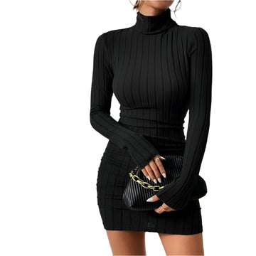 Sexy Mini Dress for Women - High Collar Long Sleeve Tight Club Party Dress, Elegant Autumn Style