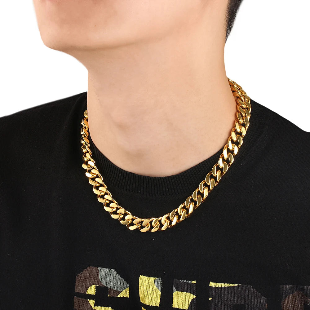 Bold Punk Fashion: Gold Stainless Steel Cuban Link Chain Necklace - Heavy Long Choker for Men, Vintage Hip Hop Statement Jewelry