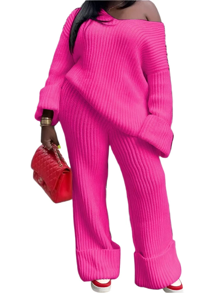 Knit Ribbed Women's Tracksuit - Long Sleeve V-Neck Sweater & Wide-Leg Pants 2-Piece Set Outfit