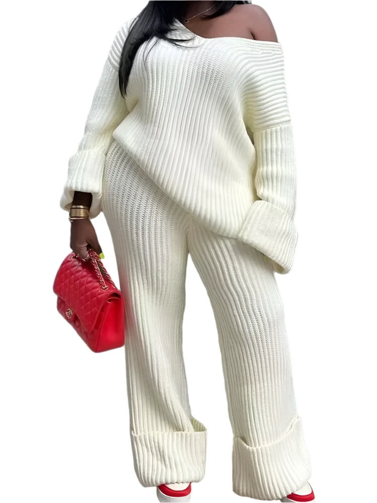 Knit Ribbed Women's Tracksuit - Long Sleeve V-Neck Sweater & Wide-Leg Pants 2-Piece Set Outfit