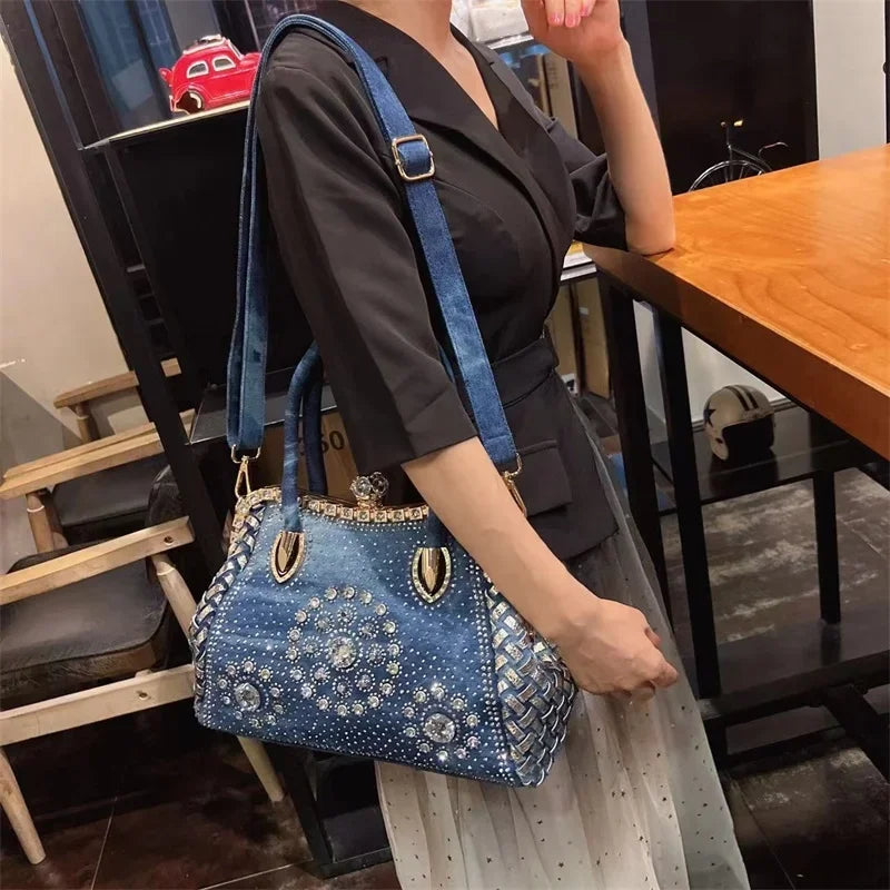 Large Capacity Handheld New Fashion Commuter Denim Inlaid Diamond Versatile One Shoulder Crossbody Women's Bag