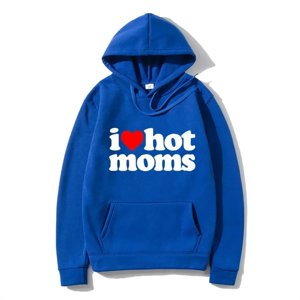 I Love Hot Moms Hoodie – Funny Red Heart Print, Casual Pullover Sweatshirt for Men & Women