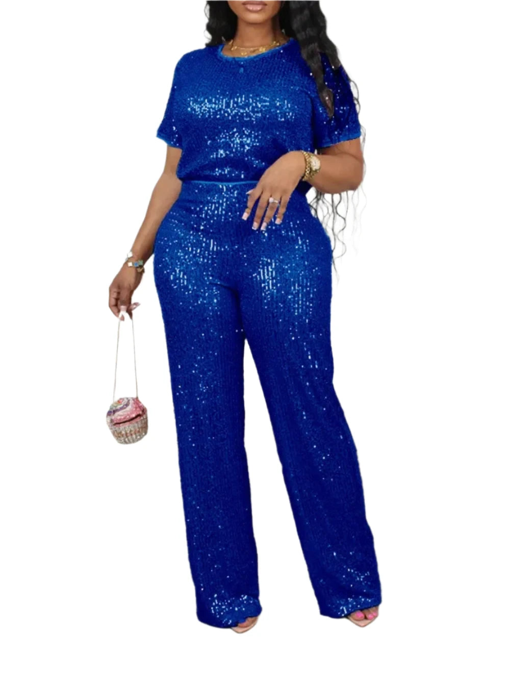 Women's Autumn Casual Two-Piece Sequin Set - Short Sleeve T-Shirt and Wide-Leg Pants Fashion Outfit