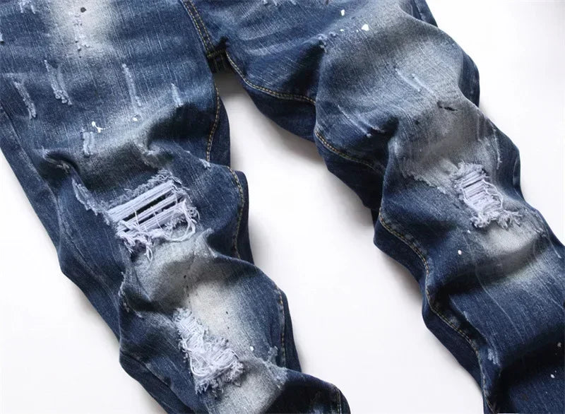 Men’s Light Blue Ripped Skinny Jeans – Luxury Brand Stretch Slim Fit Denim Pants