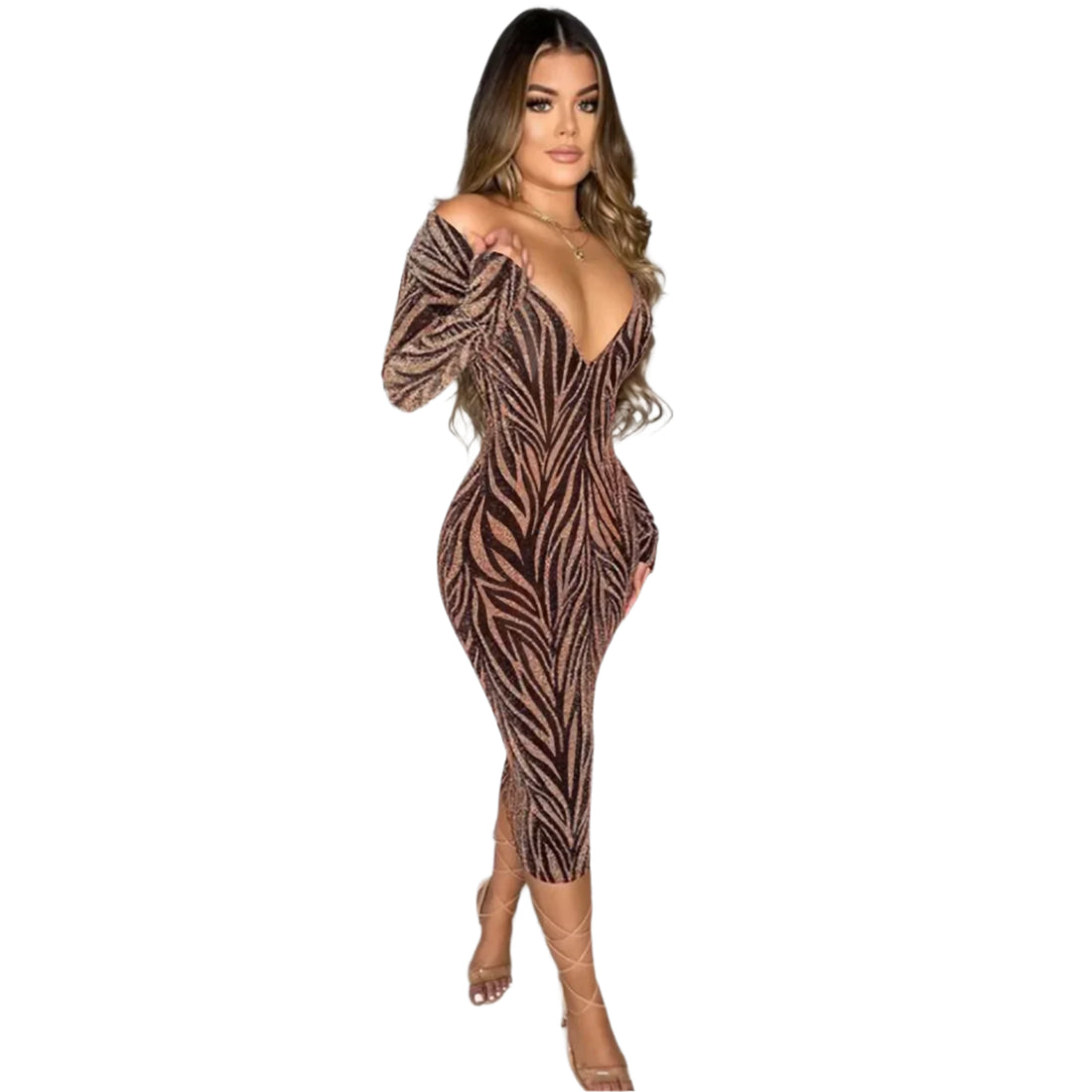 Elegant Women’s Printed V-neck Long Sleeve Bodycon Midi Dress – Sexy and Stylish for Any Occasion