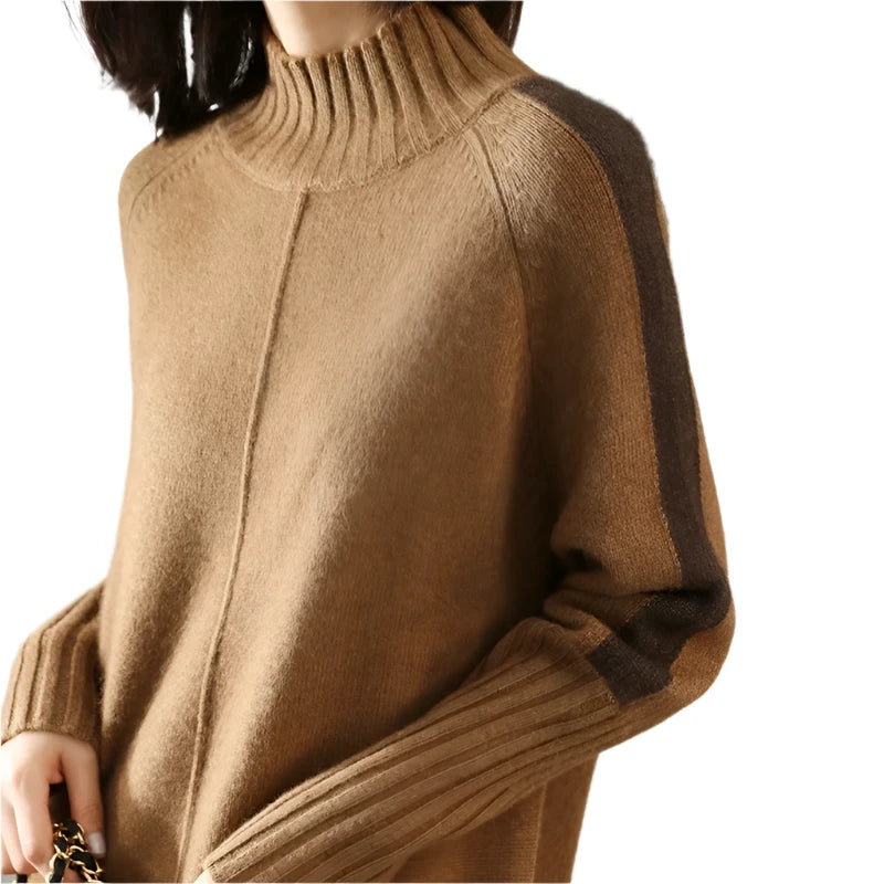 Women's Turtleneck Knitted Sweater Dress - Warm Autumn Winter Pullover with Split Hem, Thick Wool Crochet Y2K Cardigan Jumper