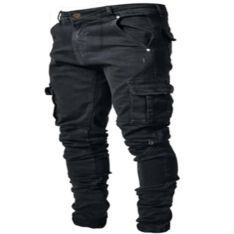 Men's Slim Fit Multi-Pocket Stretch Denim Cargo Pants - Solid Color Skinny Jeans for Autumn & Winter