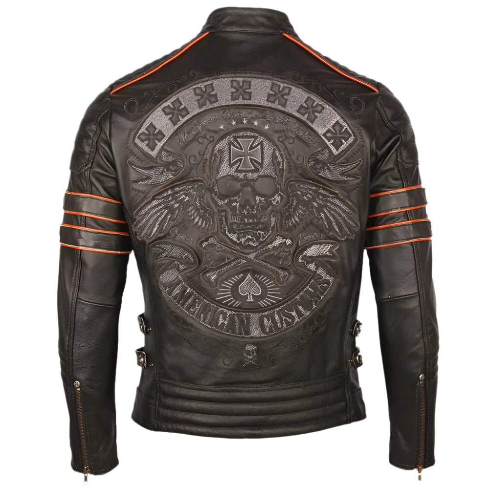 Men's Black Skull Embroidery Motorcycle Jacket - 100% Natural Cowhide Leather Biker Coat | Winter Warm Moto Jacket M219