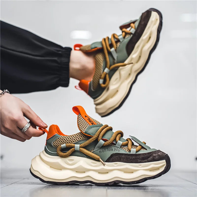 2024 Men's Green Chunky Platform Sneakers - Breathable Mesh Streetwear Sport Trainers, Fashion Casual Shoes