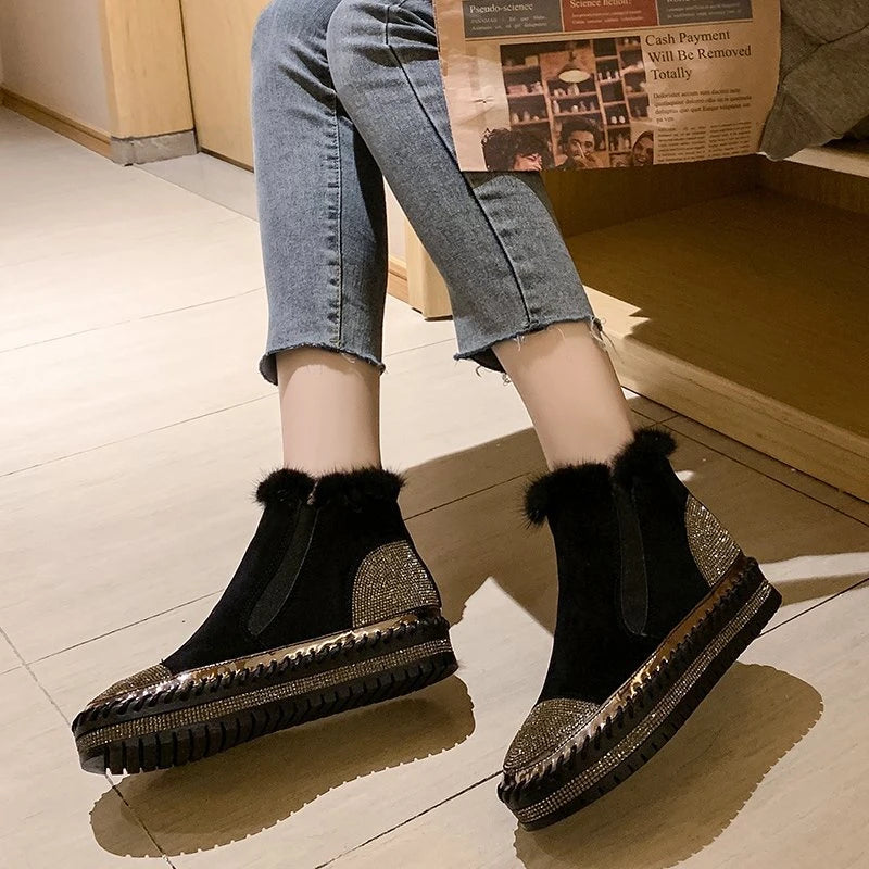 Women's Winter Snow Boots - Plus Size Fashion Platform Ankle Boots with Velvet Lining, Warm Chelsea Style Shoes