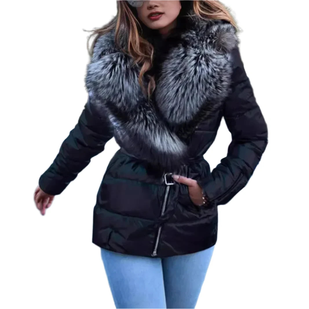 Glossy Women’s Short Down Cotton-Padded Parka with Big Fur Collar – Warm Winter Coat, Stylish Outerwear Jacket