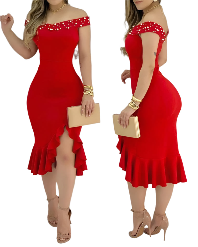 Women’s Red Off-Shoulder Ruffle Bodycon Dress – Elegant Knee-Length Party Dress with Split and Pearls