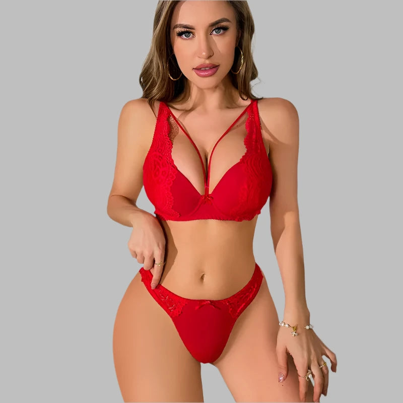 Sexy Hollowed Out Lace Lingerie Set - Ribbon Bra & Thong with Push-Up Breast Support