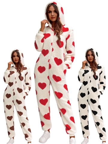 Women's Autumn & Winter Plush Love Print Hooded Jumpsuit - Valentine’s Day Casual Sleepwear & Homewear