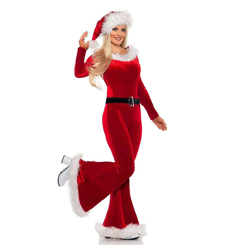 Women's Red Christmas Costume - Cute Long Sleeve Flared Jumpsuit & Santa Hat Set for Holiday Cosplay and Party Outfits