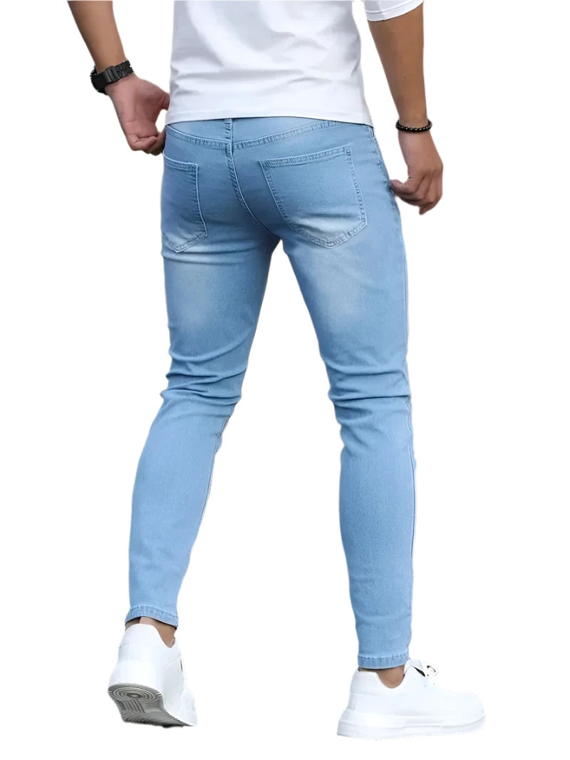 Men's Zipper Stretch Jeans - Classic Casual Slim Fit Denim Trousers, Plus Size Skinny Pencil Pants