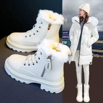 2024 Women's Winter Snow Boots – Plush Lined, Thickened Warm Mid-Calf Boots, Black and White Flat Shoes, Zapatos Mujer