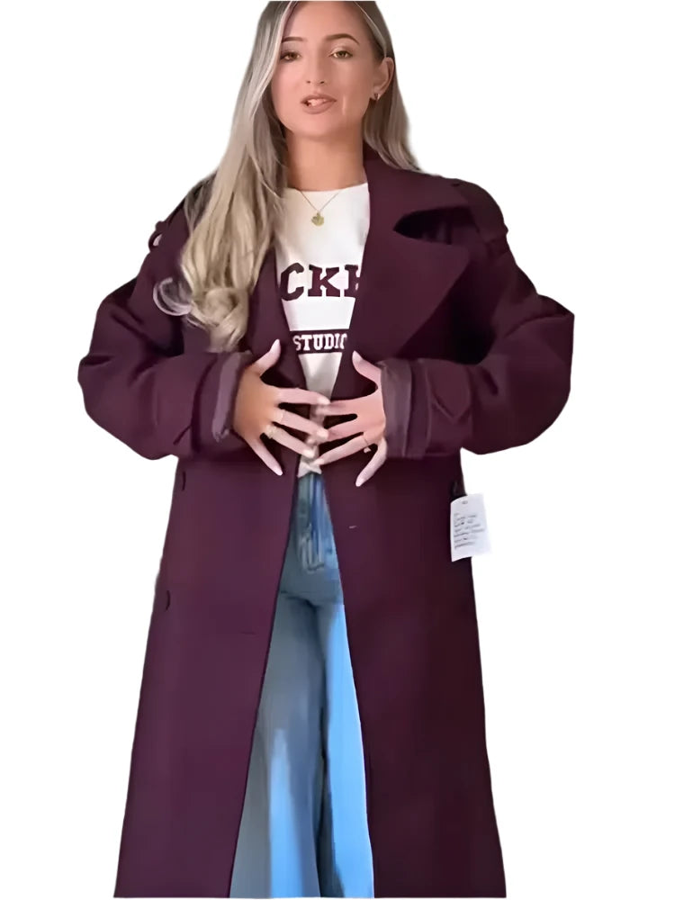 Elegant Burgundy Double-Breasted Coat – Women's Long Sleeve Fall/Winter Office Outerwear