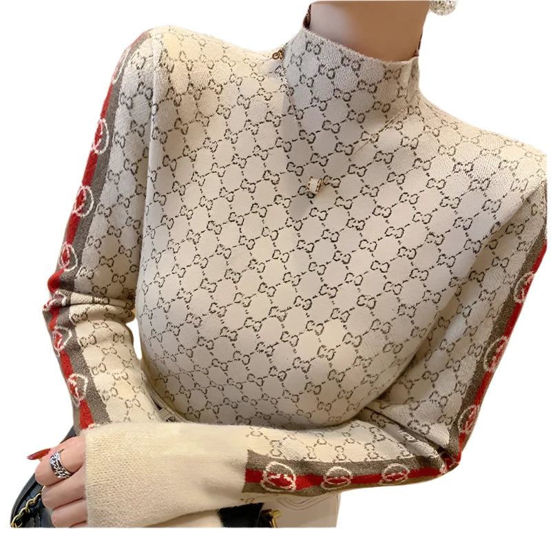 Women's Chic Letter Jacquard Sweater - Half High Collar Slim Fit Wool Knitwear Pullover for Autumn & Winter Fashion