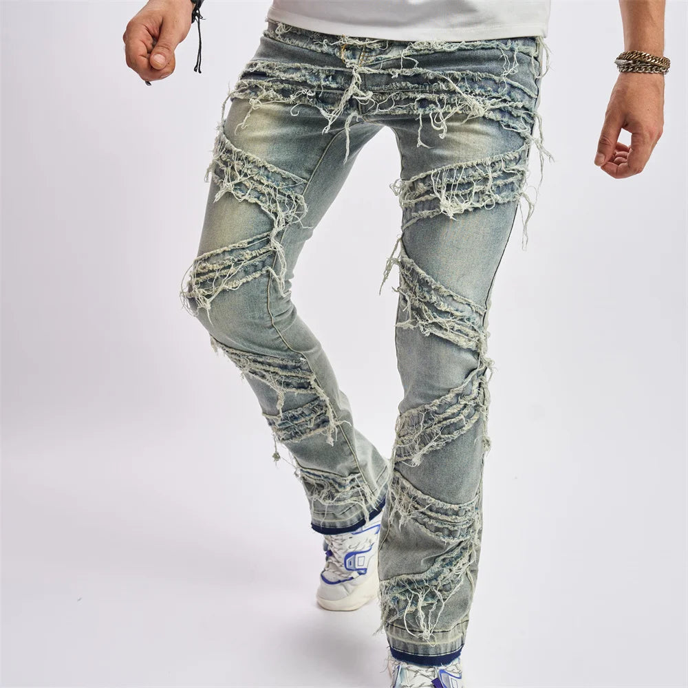 Men’s Vintage Loose Fit Ripped Patch Jeans – Casual Straight Leg Streetwear Denim Pants