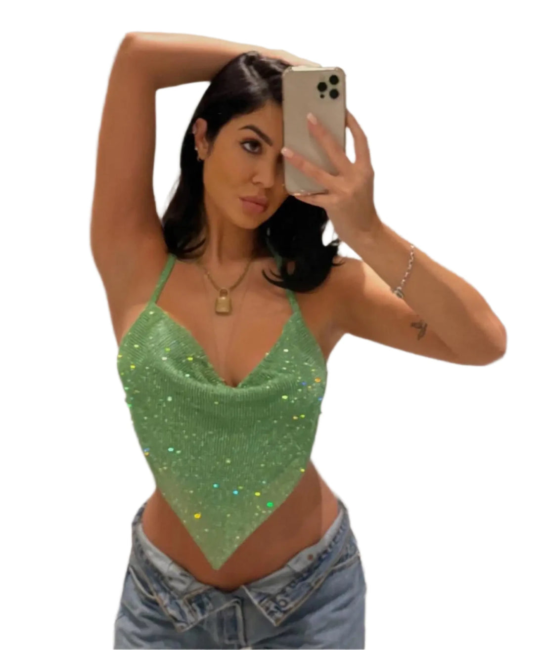 Women's Rhinestone Halter Crop Top - Sexy Backless V-Neck Y2K Clubwear, Festival Party Camis