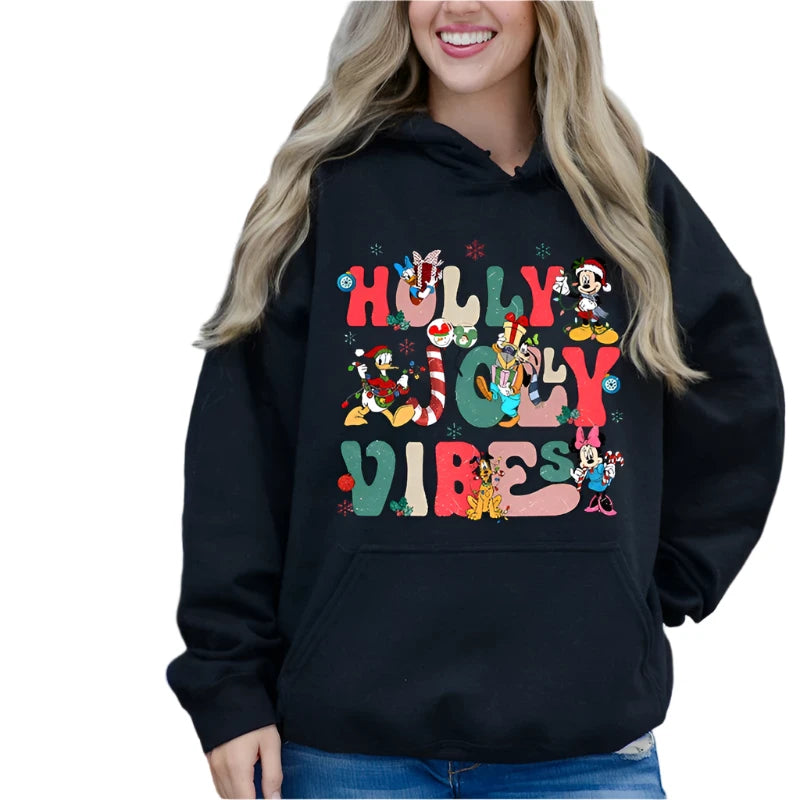 Women's Disney Christmas hoodie - Mickey Mouse & Donald Duck print, loose-fit black fleece sweater, casual holiday sportswear top for adults