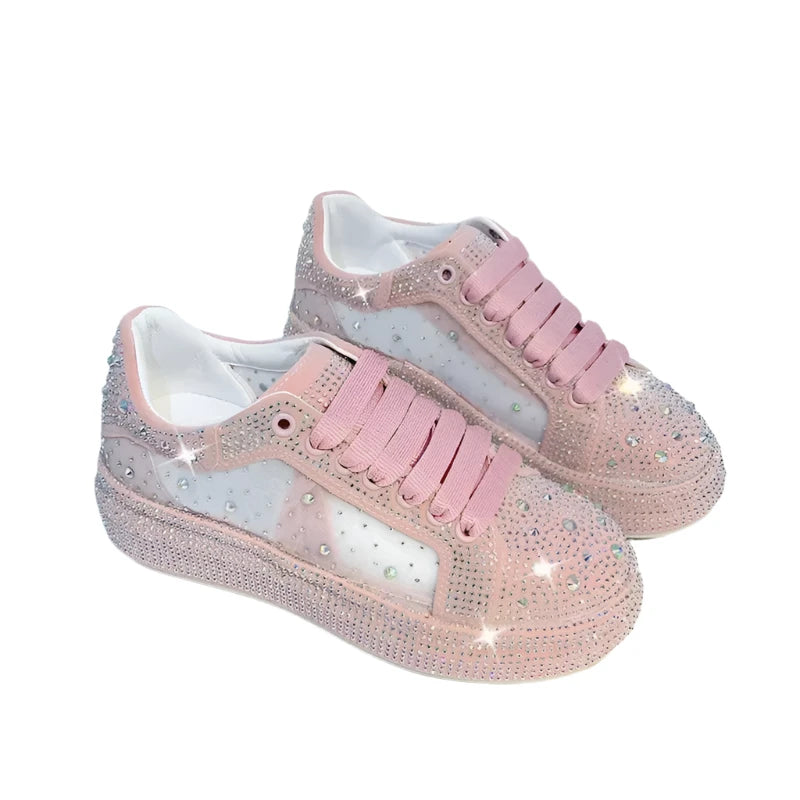 Women's Rhinestone Sparkle Sneakers – Luxury Platform Fashion Casual Shoes with Net Surface Design