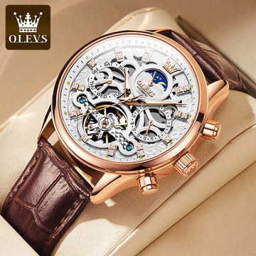Olevs Men's luxury automatic mechanical watch – hollow-out skeleton design, waterproof luminous dial, genuine leather strap business wristwatch
