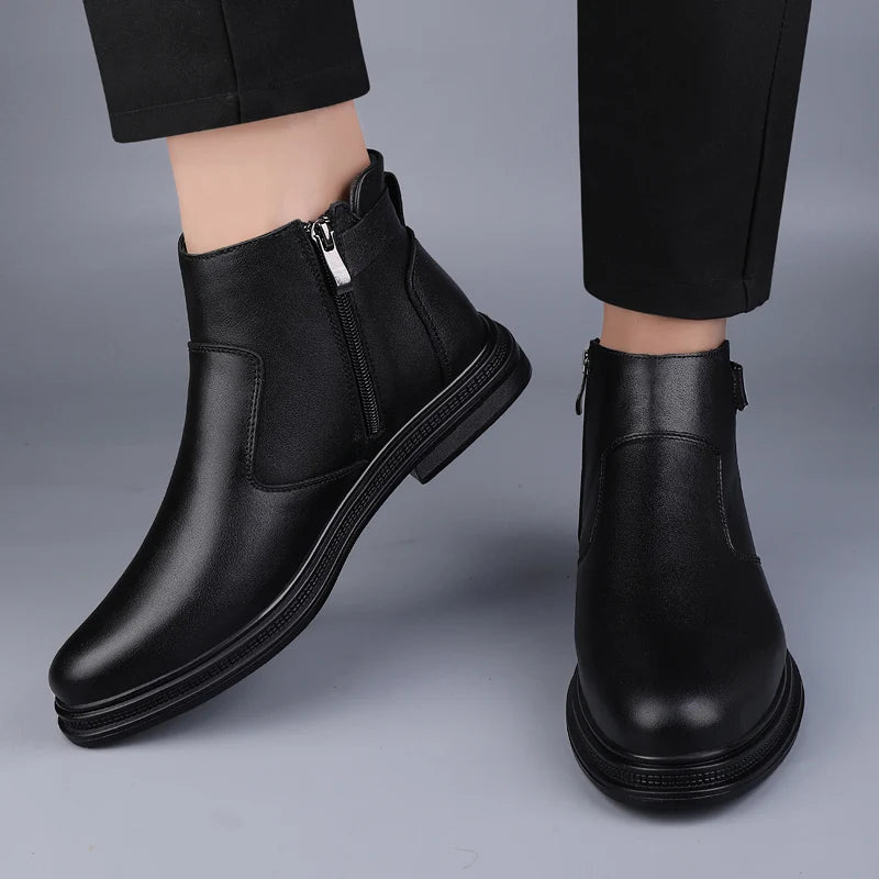 Luxury Men's Chelsea Boots - Genuine Leather, Black, Warm Plush Winter Ankle Boots for Casual & Outdoor Wear