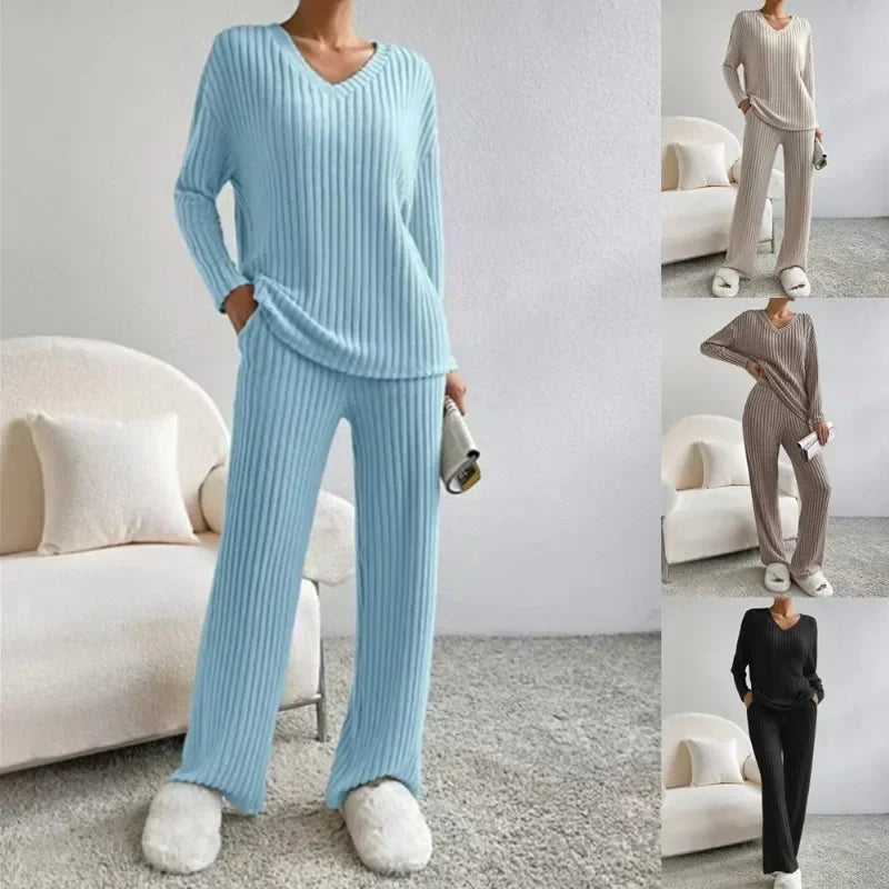 Women's Knitted Loungewear Set - V-Neck Pullover & Straight Pants Pajamas for Autumn Winter