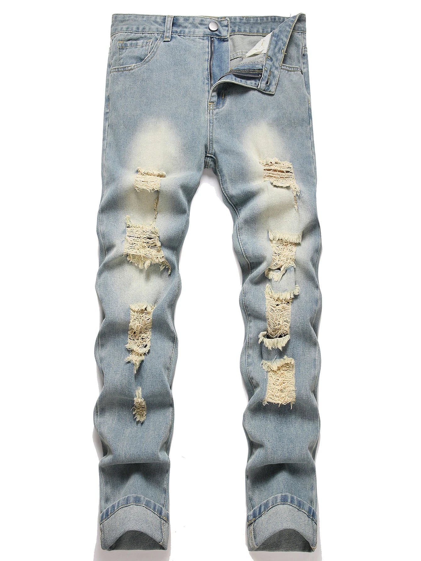 Vintage Distressed Washed Blue Jeans for Men – Relaxed Fit Mid Waist Straight Leg Denim Pants | Casual Streetwear Ripped Style