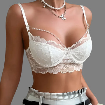 Women's White Pearl Chain Crop Top - Sexy Lace Corset Bustier, Sleeveless Partywear Cami