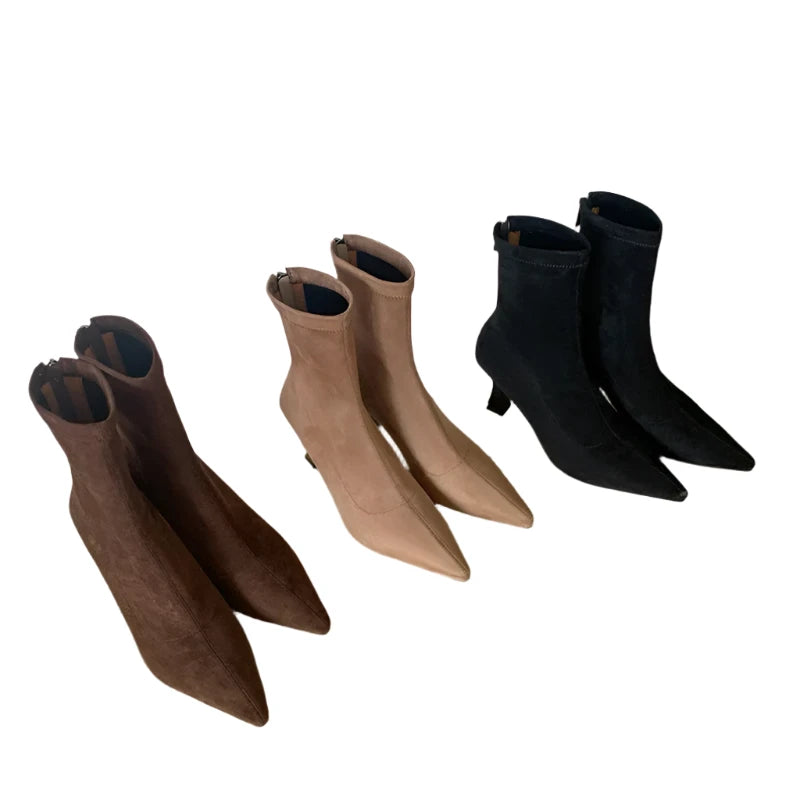 Vintage High Heel Ankle Boots for Women - Pointed Toe Elegant Stretch Booties for Autumn & Winter