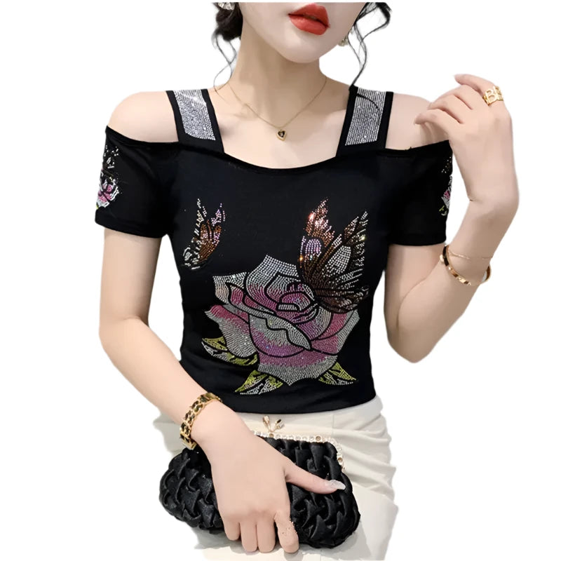 Sexy Off-Shoulder Mesh Top with Shiny Diamonds - Women's Summer Fashion T-Shirt, M-3XL European Style