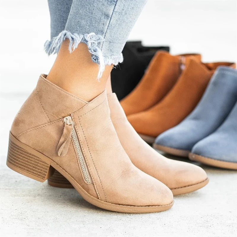 Women's Round Toe Ankle Boots - Side Zipper, Platform Heel, Large Size Leather Boots for Autumn Fashion